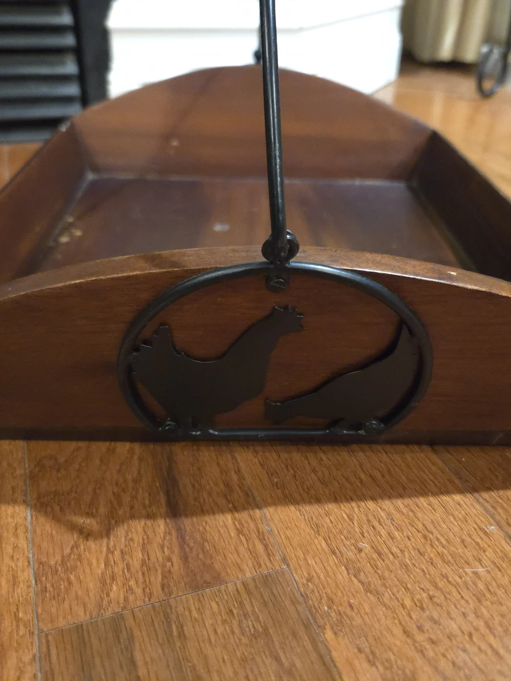 Farmhouse Style Wood & Metal Serving Tray w/ Black Swing Handle, Rooster Accent